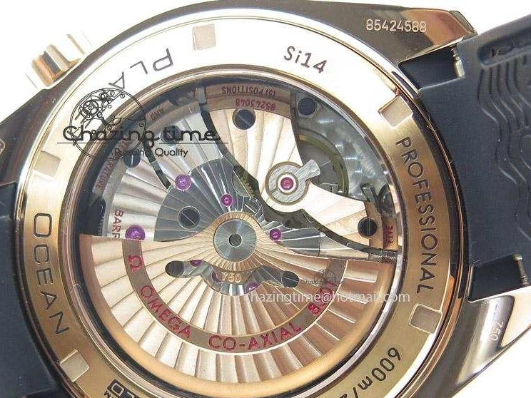0108 Bright Planet Ocean Professional Rose Gold Liquid Metal V6F 45mm on Black Rubber Strap A 8287